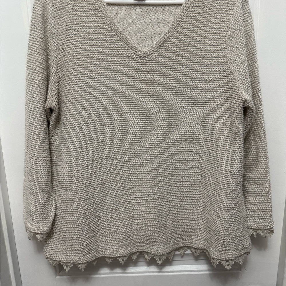 Robert Louis Cream V-Neck Sweater with Lace Edging